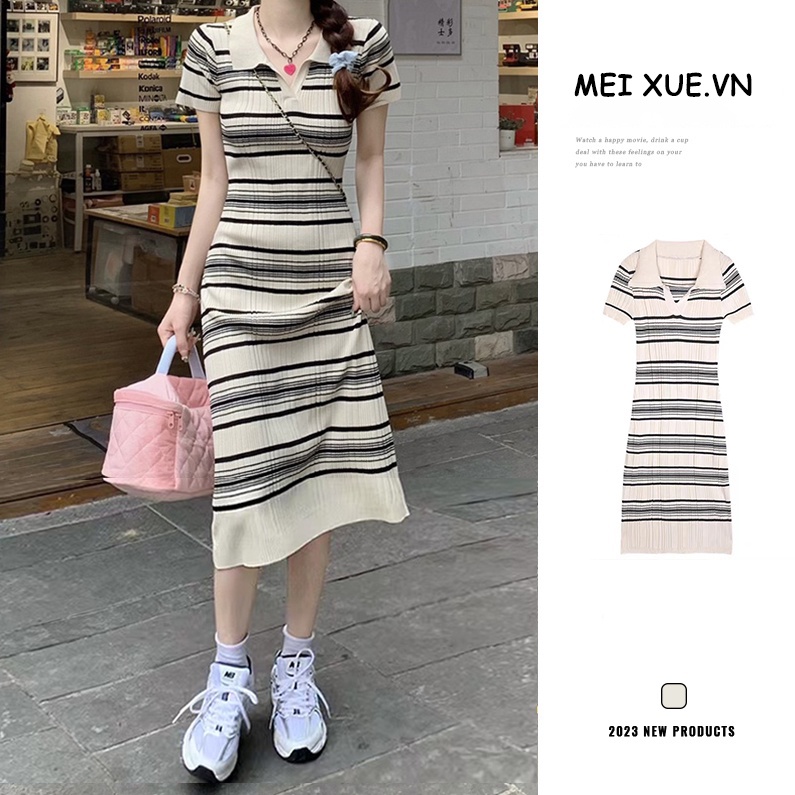 Đầm Maxi Dệt Kim Tay Ngắn Cổ Polo Họa Tiết Kẻ Sọc Thời Trang Mùa Hè Phong Cách Hàn Quốc