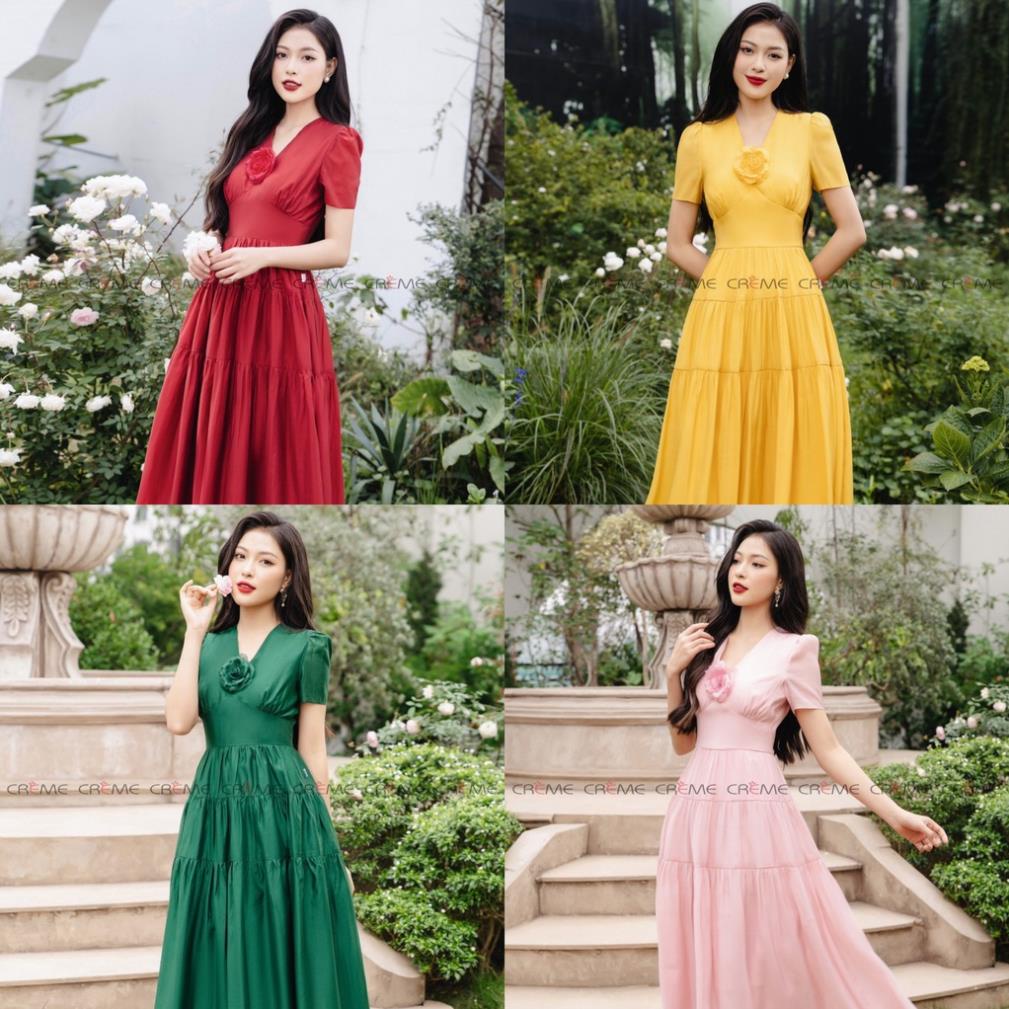 ĐẦM LIỀN CÔNG SỞ CAO CẤP, CỔ V DÁNGXÒE, PHONG CÁCH TIỂU THƯ HÀN QUỐC TRẺ TRUNG, THIẾT KẾ CREME DL3012