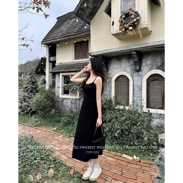 Váy Len Tăm 2 Dây Dáng Dài Chất Co Dãn Siêu Siêu Tôn Body Mix Đồ Dễ Mặc Cực Xinh