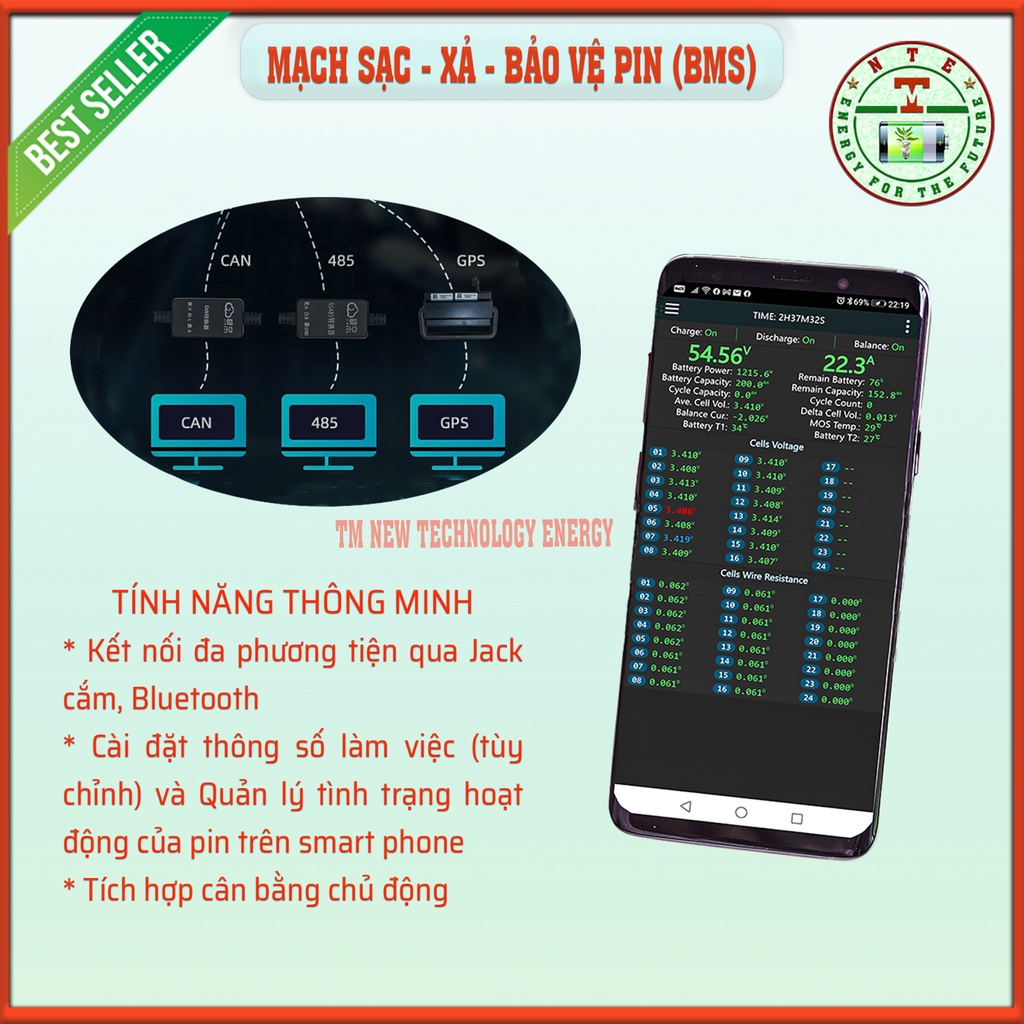 BMS JK Smart | Mạch sạc, xả và bảo vệ pin Lithium Li-ion 3,7v | LiFePO4 3,2v | LTO 2,3v | 7s - 24s | 60A