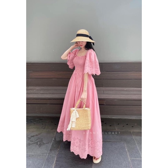 ĐẦM MIDI HỒNG PHỐI XÔ REN TAY BOCHUN NGỰC
