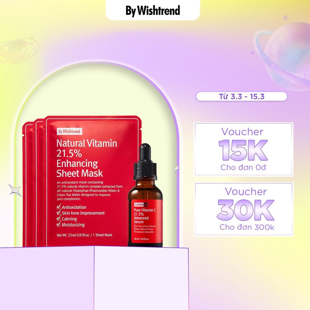 Combo By Wishtrend tinh chất Pure Vitamin C21.5% Advanced serum 30ml +3 By Wishtrend mặt nạ giấy Natural Vitamin 21.5%