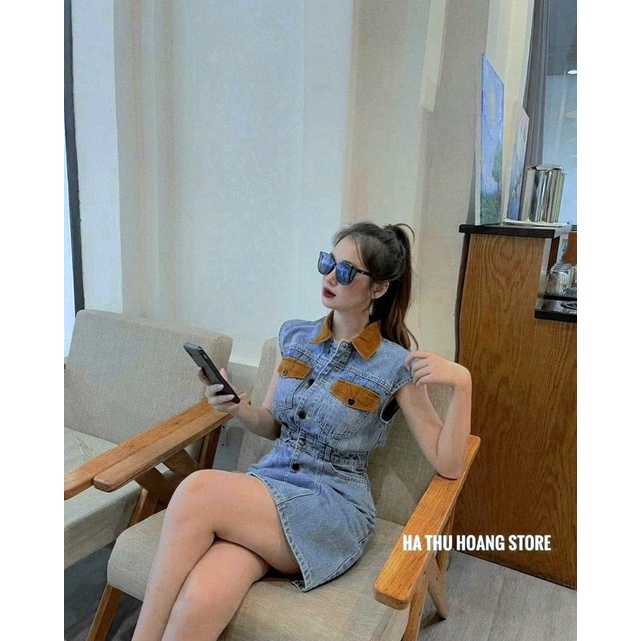 Váy Bò Jean Pha Sát Nách Phối Cổ Xinh Mã S04