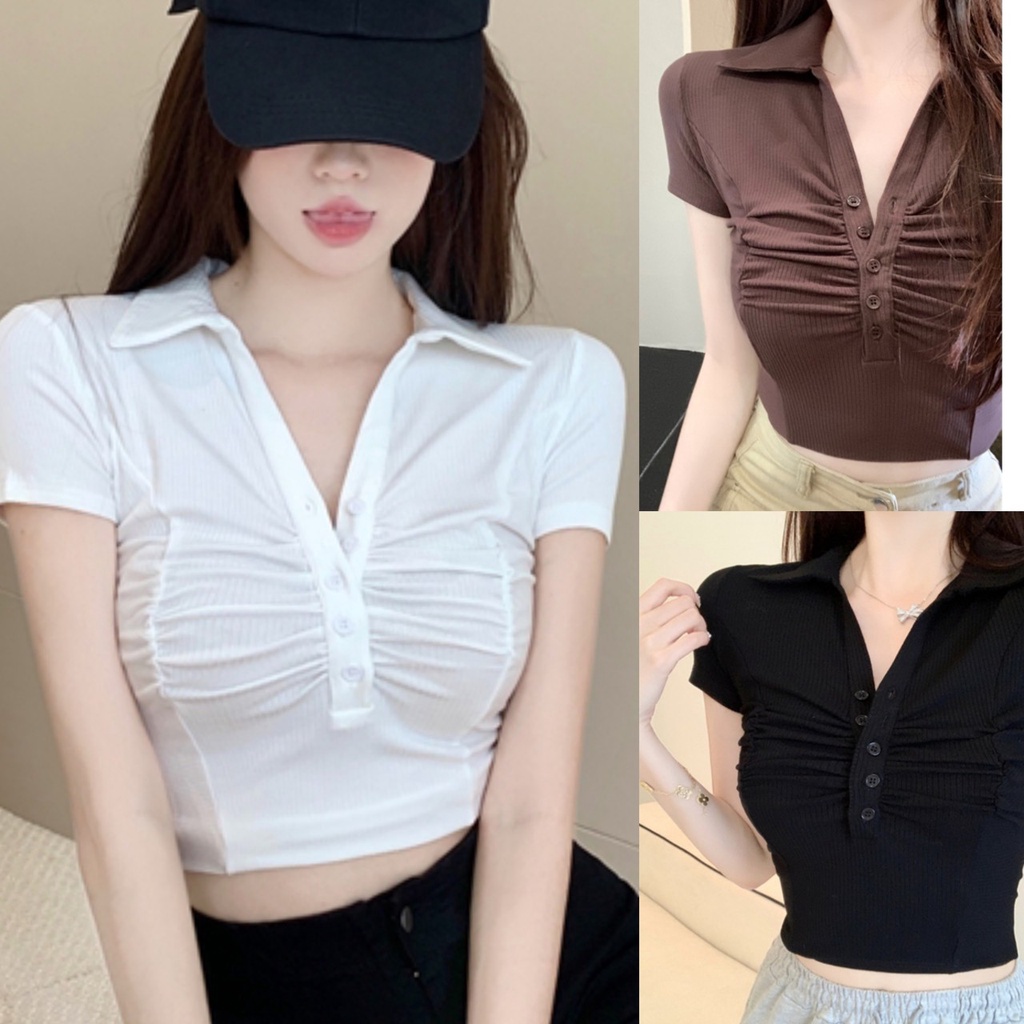 Áo Thun Bigsize Nữ Tay Ngắn,Áo Kiểu Croptop Chất Dệt Kim Khuy Ngực Cổ Bẻ G106