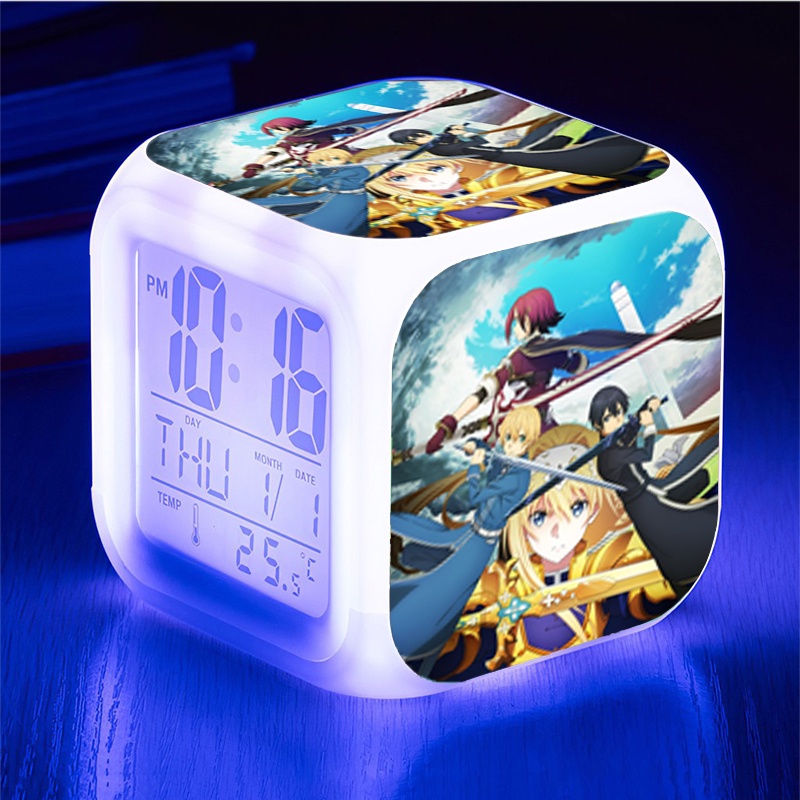 Đồng hồ báo thức để bàn in hình SWORD ART ONLINE SAO Đao Kiếm Thần Vực anime chibi LED đổi màu