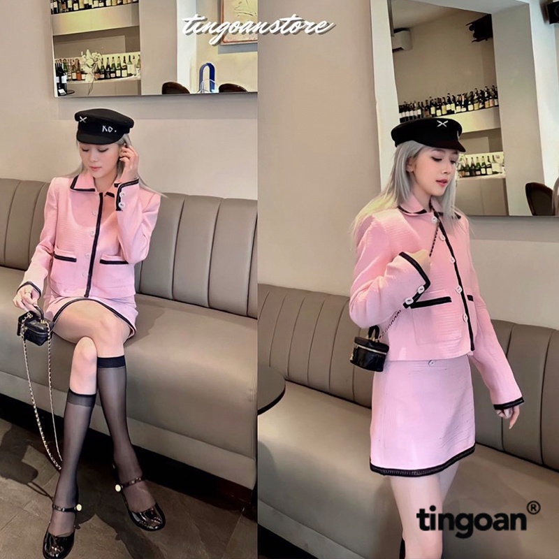 TINGOAN® - Áo khoác tweed hồng cổ bẻ bện xích viền áo CRYSTAL LADY JACKET/PK