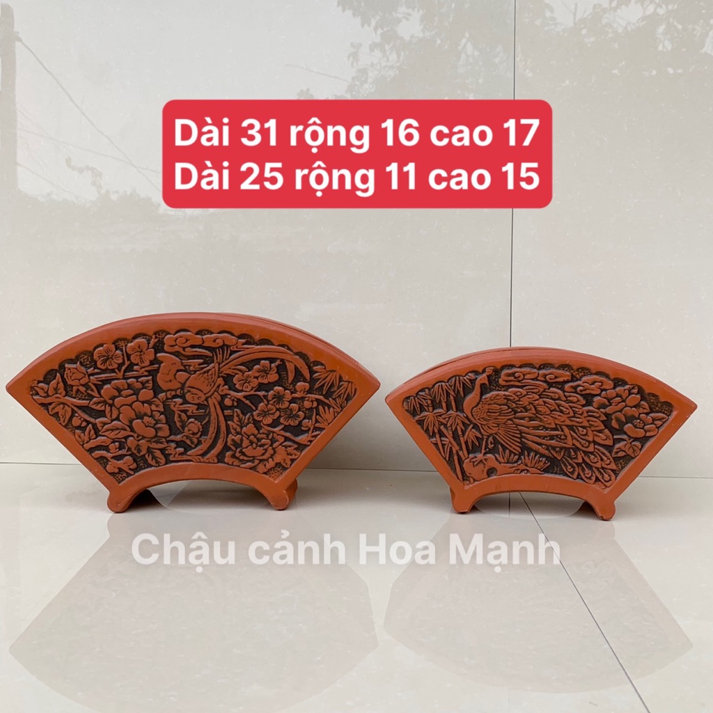Chậu quạt bonsai cây cảnh sen đá vân nổi màu đỏ gốm 2 size SP530