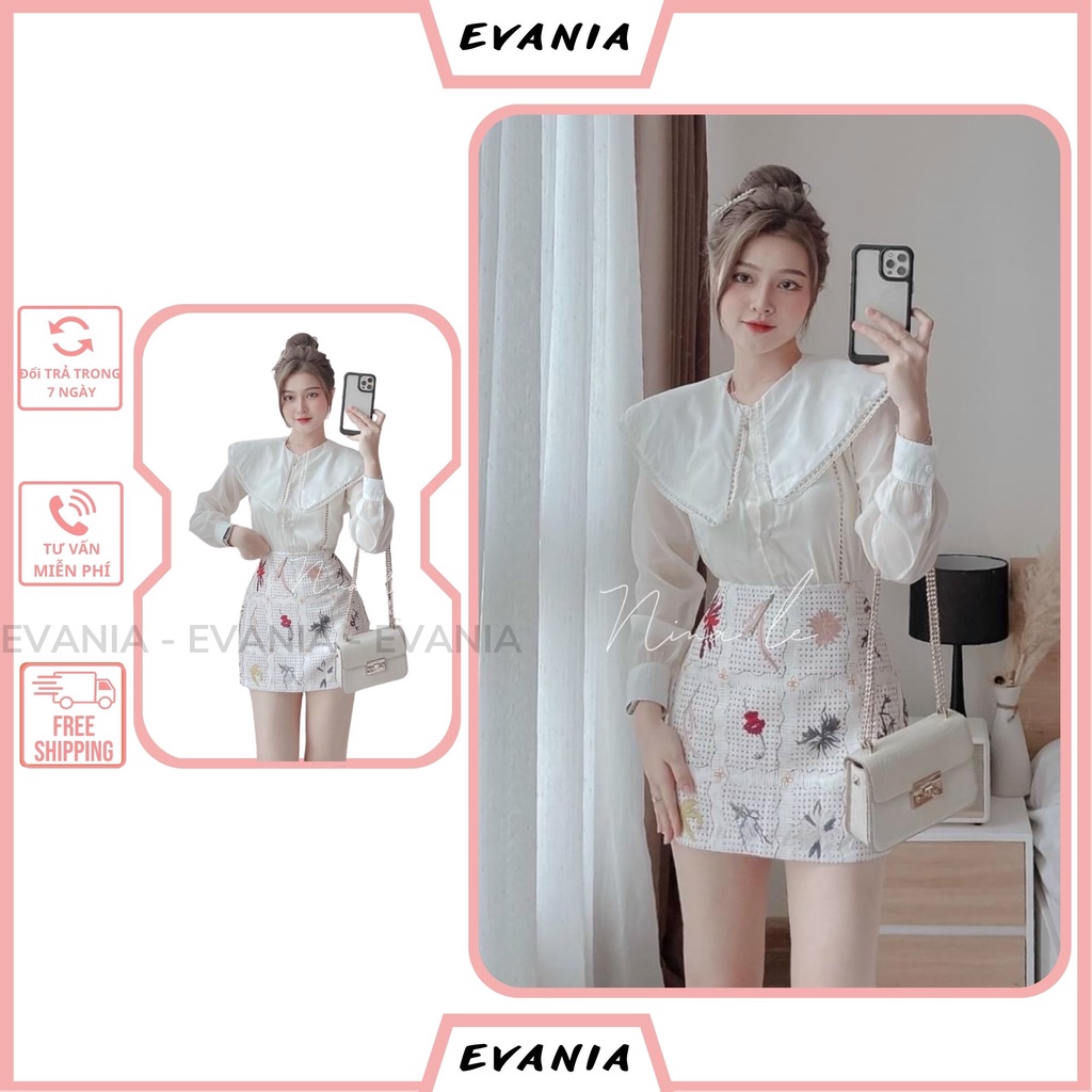 Set Áo Chân Váy EVANIA Họa Tiết Hoa Mix Áo Sơ Mi Voan Tơ Trắng Tay Dài 2 Lớp, Cổ Bèo - Mã Y250