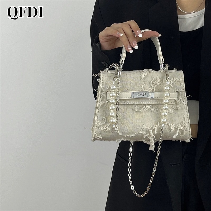 QFDI Túi đeo chéo vải denim đính hạt ngọc trai nhân tạo thời trang sang trọng dành cho nữ