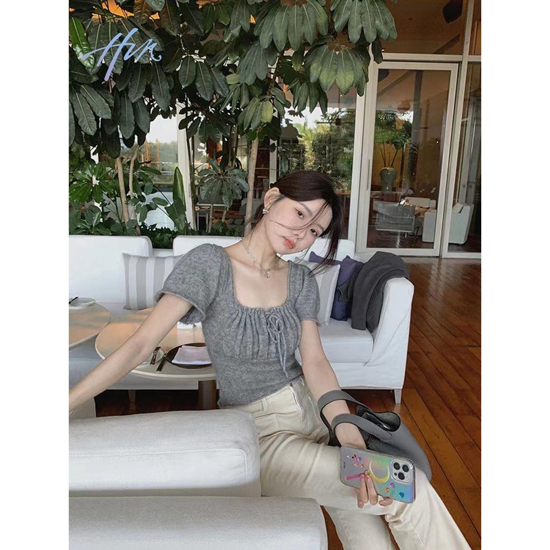 Áo Thun Dệt Kim Ngắn Tay Dáng Ôm Thiết Kế Rút Dây Xếp Ly Kiểu Pháp Thời Trang Cho