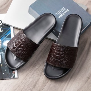 Dép nam quai ngang vân cá sấu hàng loại 1, dép da nam da bò thật cao cấp 2 màu đen, nâu vân da GenZShoes ảnh thật