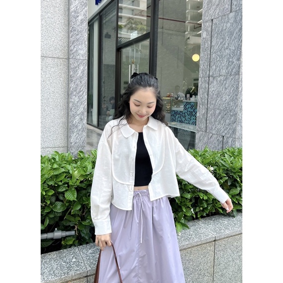 Áo sơ mi croptop form rộng cổ sen nút dọc vải linen cao cấp Yody Shirt - Sibling House