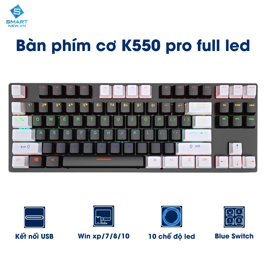 Bàn phím cơ Gaming Leaven K550 Blue Switch TKL 87 phím, 10 chế độ Led, chống nước | BigBuy360 - bigbuy360.vn