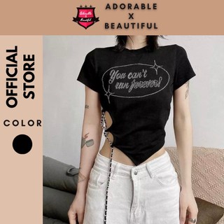 [Ảnh Thật] Áo Thun "You Can't Run Forever" Họa Tiết Đính Đá Chữ Tặng kèm Dây Xích  Ulzzang Trend [AdorablexBeautiful]