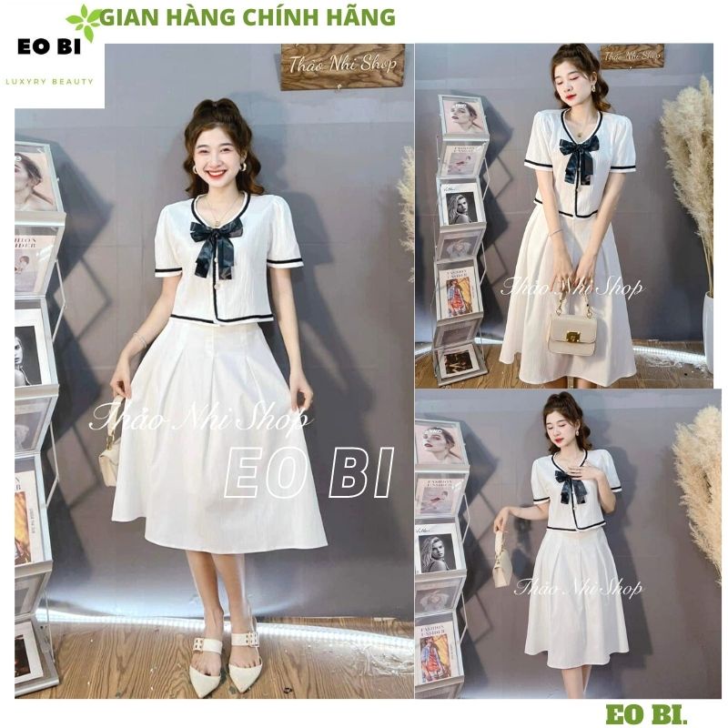 Set áo croptop cổ nơ đen kèm chân váy xòe dài điệu đà, Set bộ áo cộc tay chạy viền mix váy chất thô mềm siêu xinh - EOBI