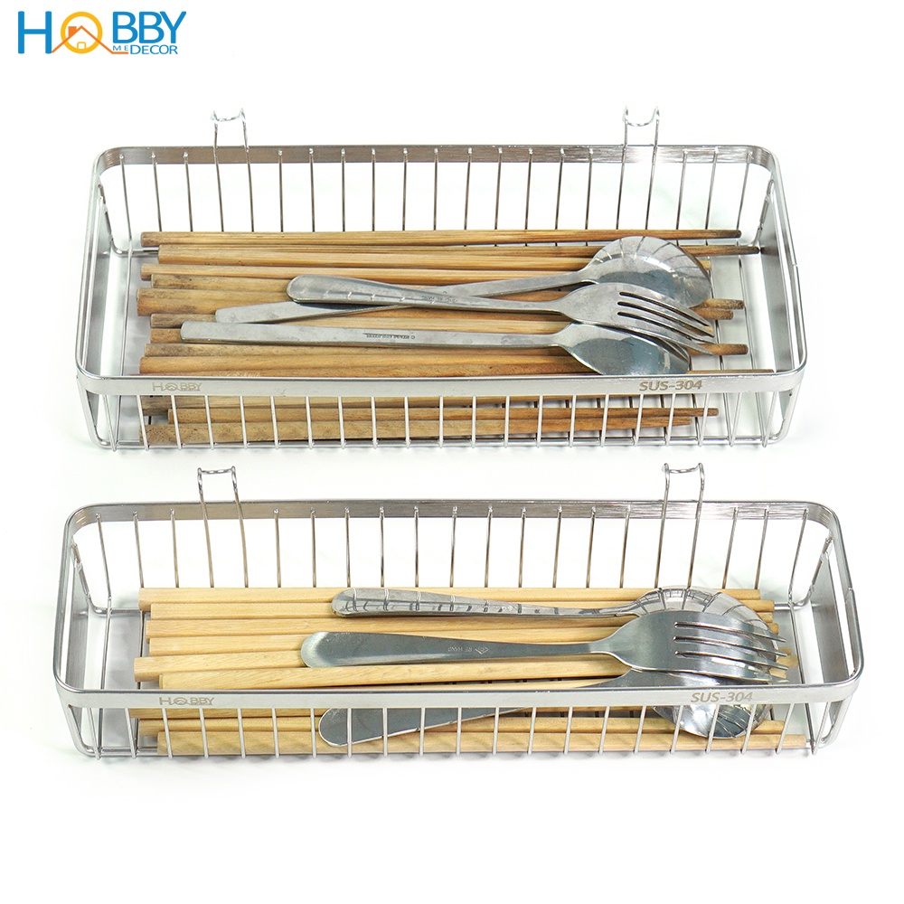 Khay đựng đũa muỗng cho ráo nước Hobby Home Decor KM3-4 chuẩn Inox 304 - có 2 móc treo - 2 size tùy chọn