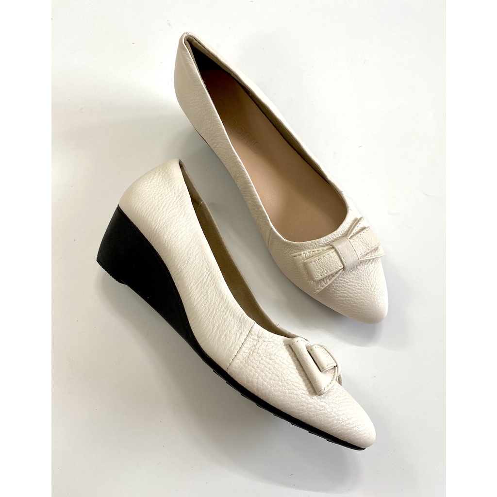 Giày búp bê nữ đế xuồng 5cm da thật SIÊU BỀN mũi nhọn gắn nơ màu kem DORIS DR501-CÓ SIZE 40.