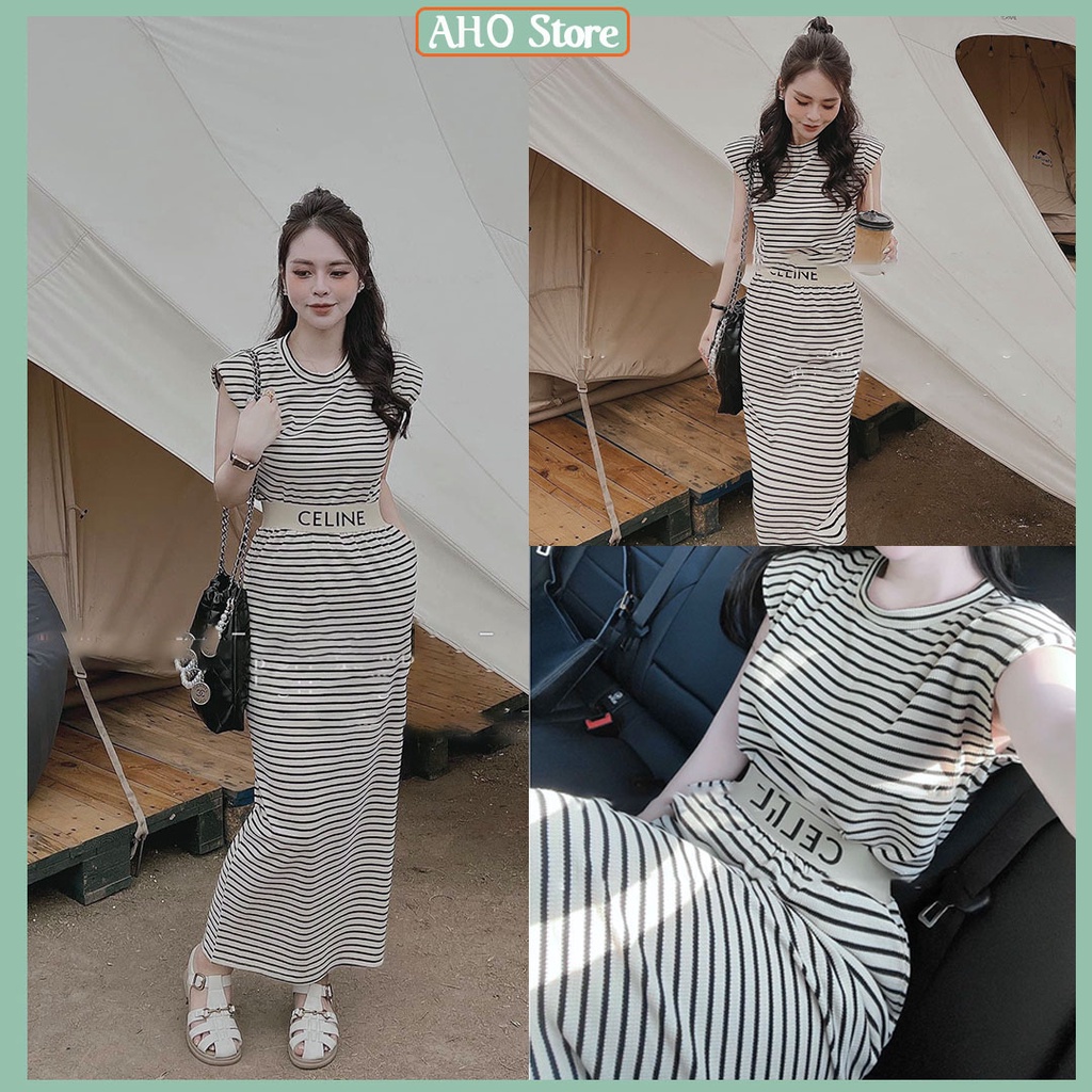 Bộ Đồ Nữ Áo Thun kẻ Ngang Tay Hến Có Đệm Vai CELINE Mix Chân Váy Bút Chì Kẻ Ngang Dáng Dài Freesize