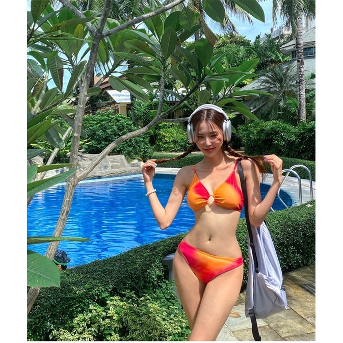 Bikini Đồ bơi áo quây khoen quần chip mix váy lưới dây rút màu cam loang sexy (Hàng Quảng Châu cao cấp)