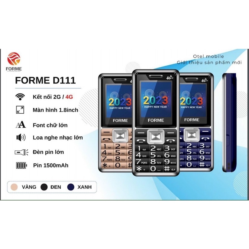 Điện thoại 4G Forme D111 dành cho người già phím to loa to Bảo hành 12 tháng - Hàng chính hãng