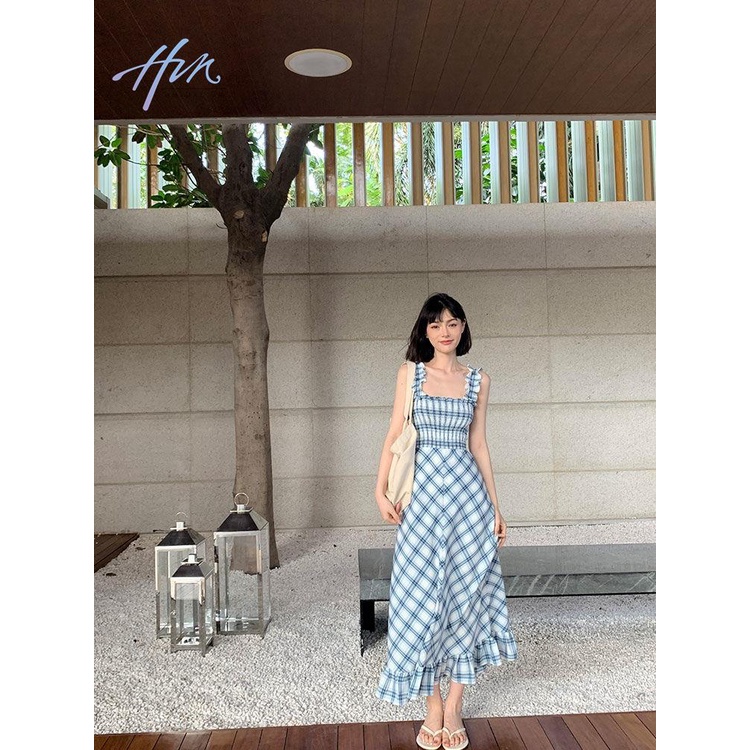 Đầm Hai Dây Cổ Vuông Eo Cao Dáng Dài Họa Tiết Kẻ Sọc Thời Trang Mùa Xuân 2023