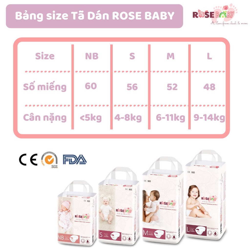 Bỉm dán Rose Baby size NB/S/M/L