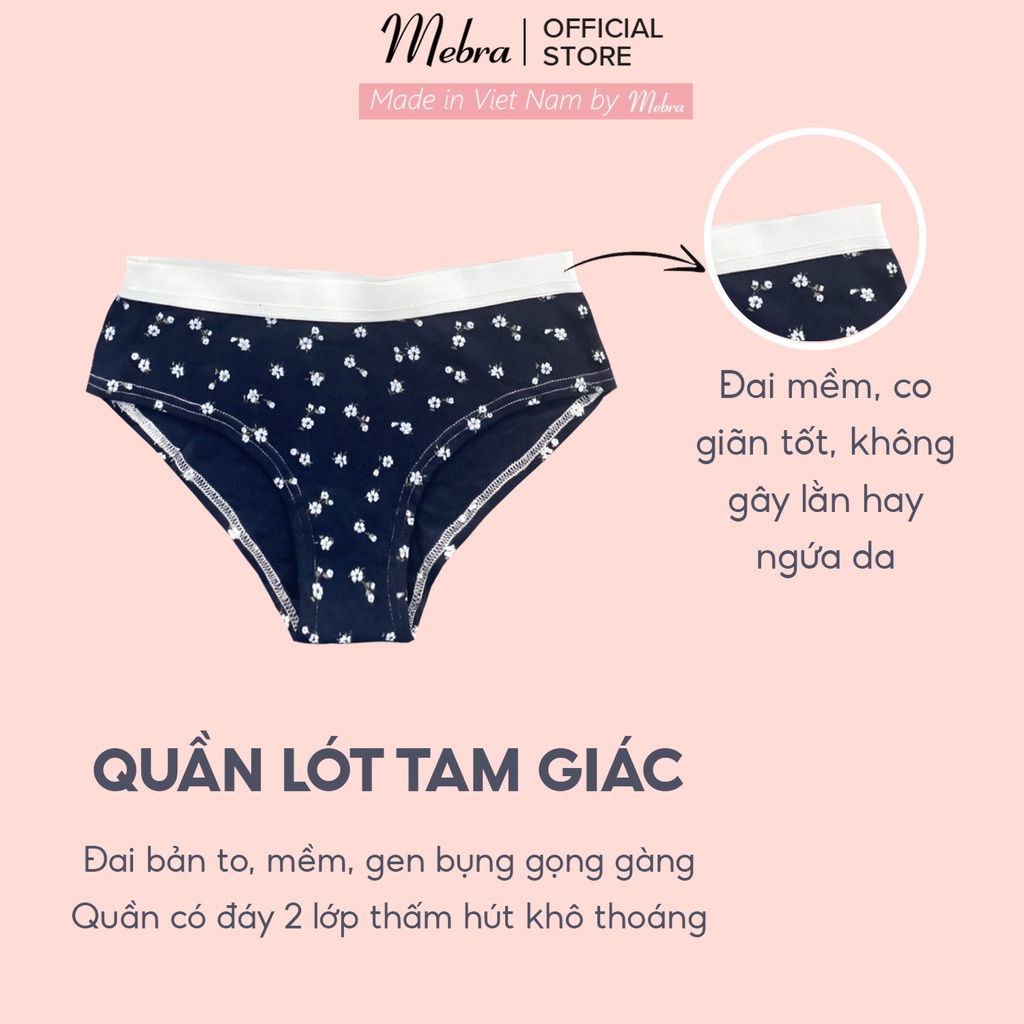 Bộ đồ lót Bikini nữ cotton gân co giãn xanh đen hoạ tiết hoa nhí xinh xắn mùa hè không gọng mút mỏng tháo rời Mebra A063
