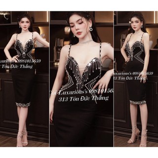 Váy body đính hạt sáng phối lưới 2 dây 070323
