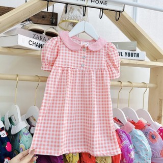 Size 11-22kg Váy đầm cộc tay mùa hè bé gái chất liệu cotton VNXK có tay + cổ bèo