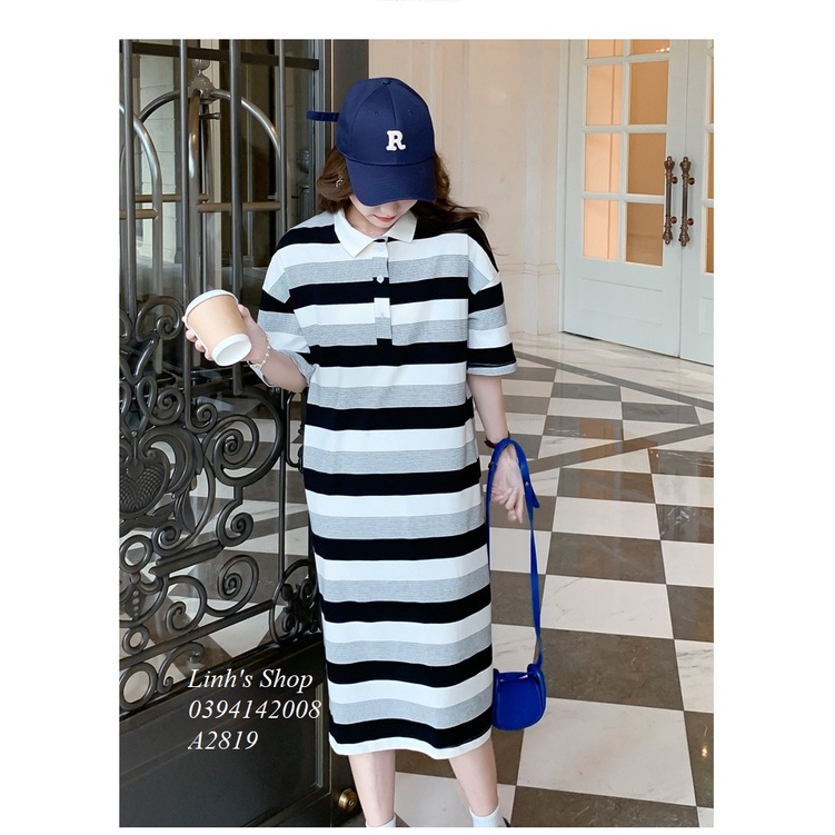 Váy Phông Kẻ Ngang Có Cổ Lịch Sự A2819