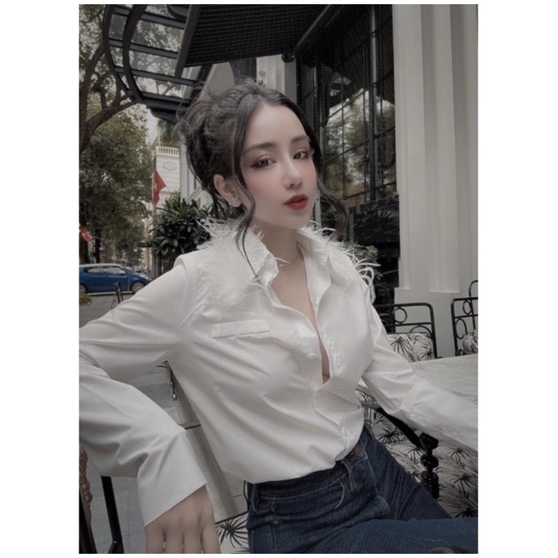 Áo sơmi lông vũ dài tay , Áo sơ mi satin tay dài dáng rộng thời trang hàn quốc L99