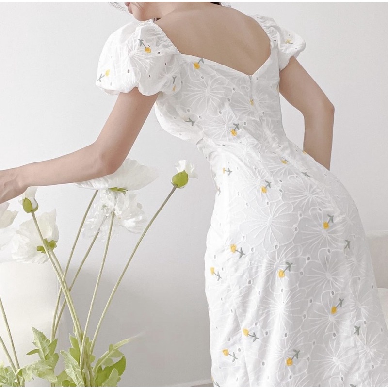 Đầm midi hoa ( có bigsize ) thêu rút dây nhún eo siu tôn dáng