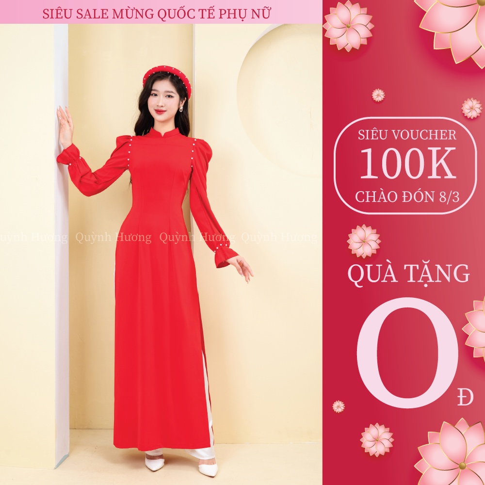 Áo dài truyền thống lụa mỹ đỏ tay chun đính hạt trai siêu xinh by Quỳnh Hương