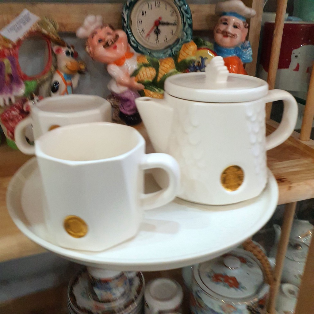 BỘ LY 2 TÁCH MỘT BÌNH VÀ DĨA TRẮNG NHÃN HIỆU STARBUCKS Starbucks Teapot Cup pot Set With Lid Saucer White