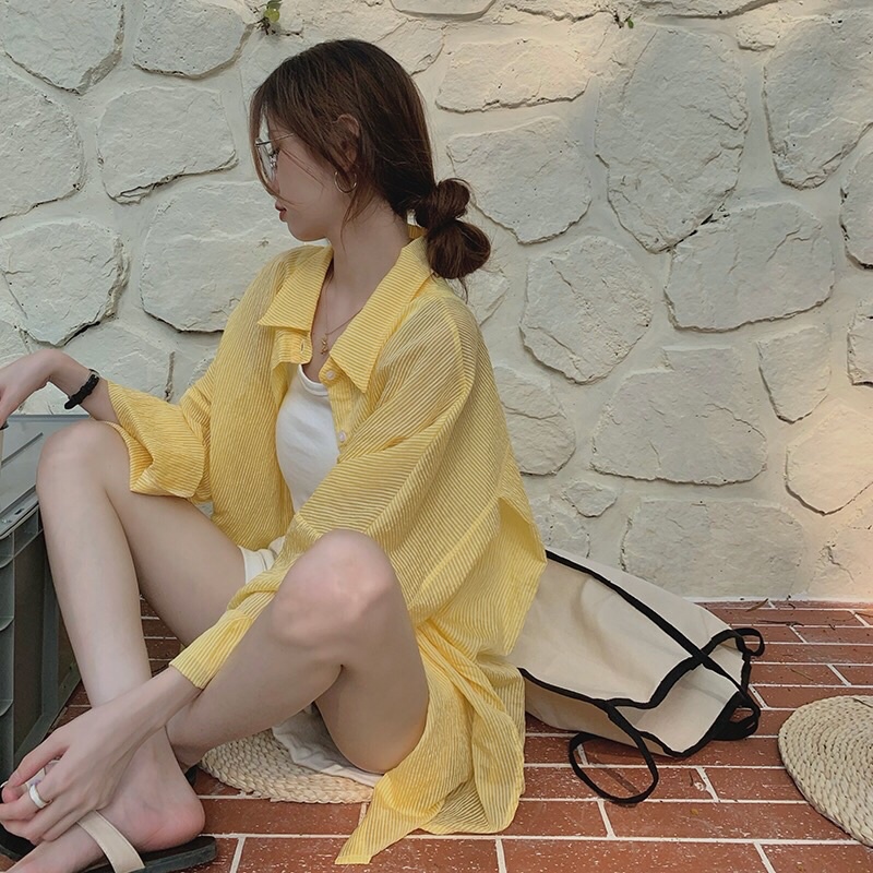 Áo sơ mi kẻ sọc dài tay màu vàng vải cotton siêu xinh❤️