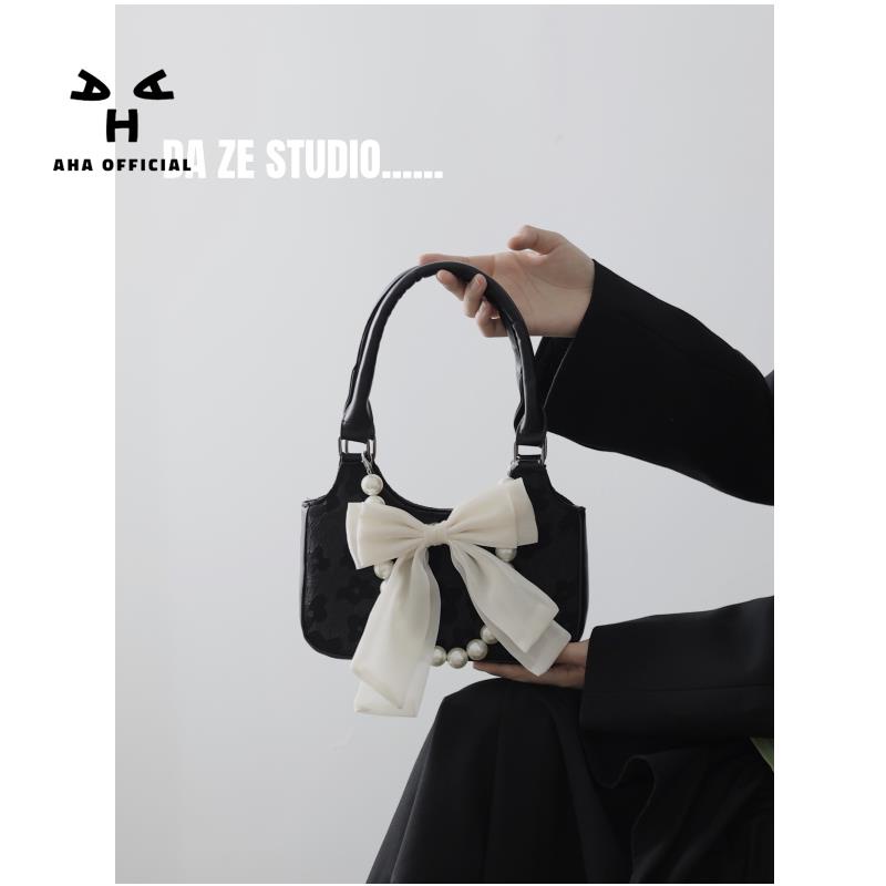 Túi Xách Đeo Vai / Kẹp Nách Vải Canvas Màu Đen Đính Nơ Cỡ Lớn Thời Trang Cho Nữ