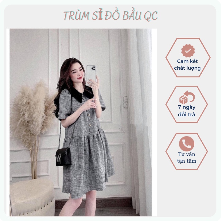 Đầm Bầu Đầm Thiết Kế Cộc Tay cổ sen, chất vải dạ cao cấp mặc thoải mái mềm mát thoải mái (Fresize 45-70kg)