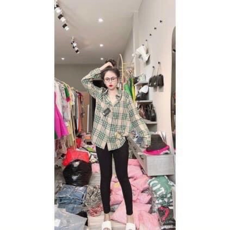 ÁO SƠ MI NỮ KẺ DÀI TAY DÁNG THỤNG FREESIZE