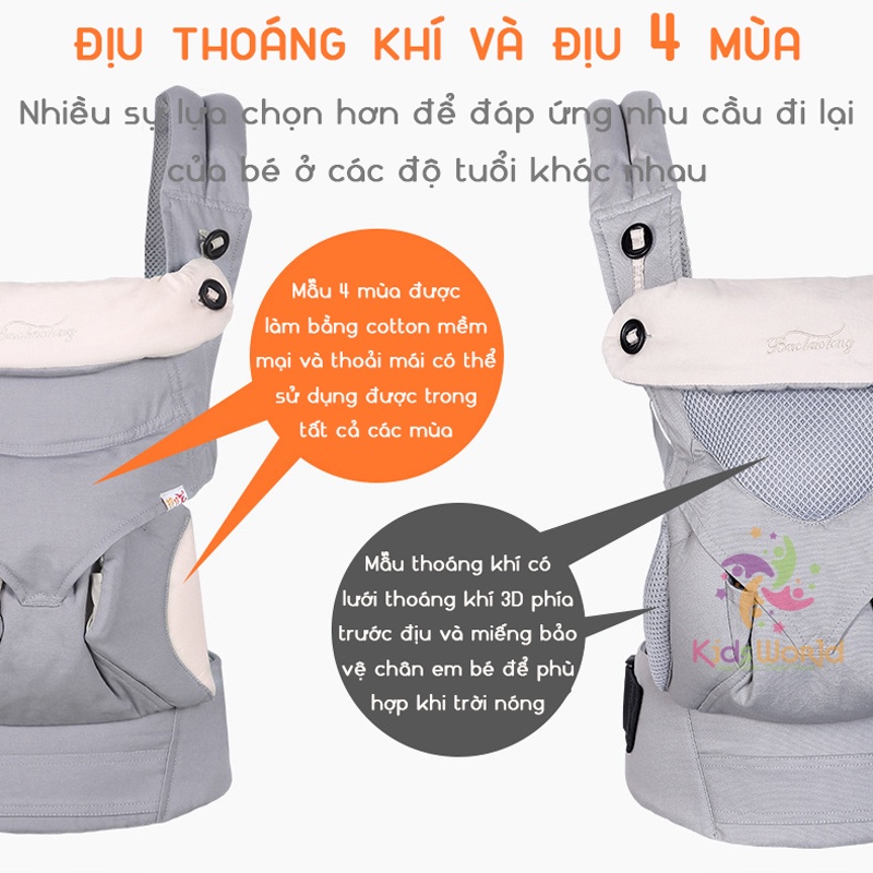 Địu em bé KidsWorld 360 Cool Air Mesh trợ lực 4 tư thế thoáng khí, có đỡ cổ, mũ che đầu cho bé từ 3 đến 36 tháng