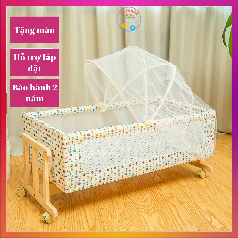 Nôi gỗ cho bé, Nôi gỗ thông lắc lư cho trẻ em, bảo hành 2 năm