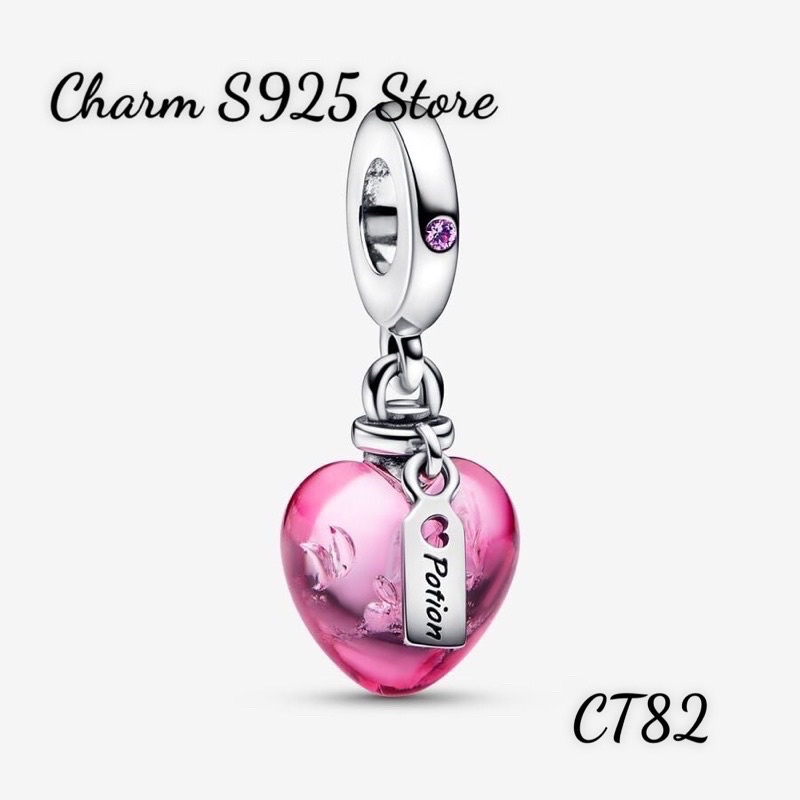CHARM PAN ALE TREO HÌNH TIM PHA LÊ NHÂN TẠO MÀU HỒNG BẠC S925 THUẦN KHIẾT HÀNG CAO CẤP