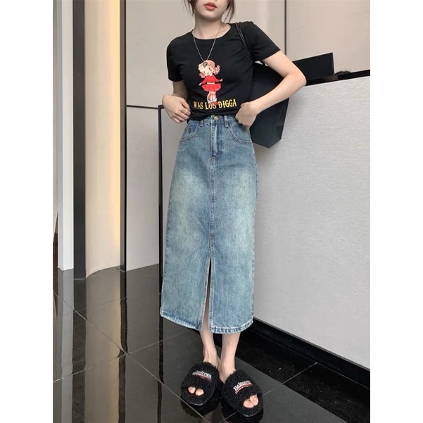 Chân Váy Jeans Váy Denim Dáng Dài Cạp Cao Basic Xẻ Trước Phong Cách Hàn Quốc