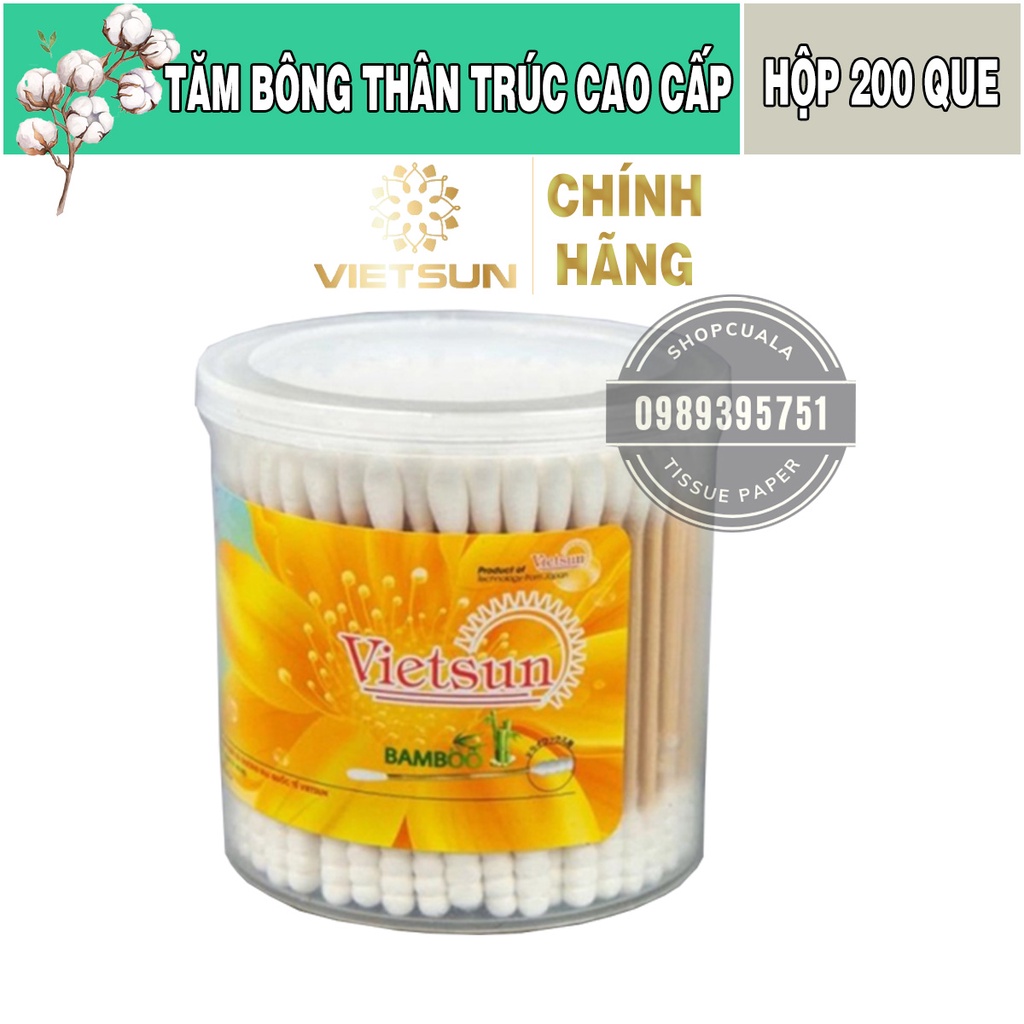 Tăm bông thân trúc cao cấp Vietsun từ 100% cotton tinh chế - hộp 200 que