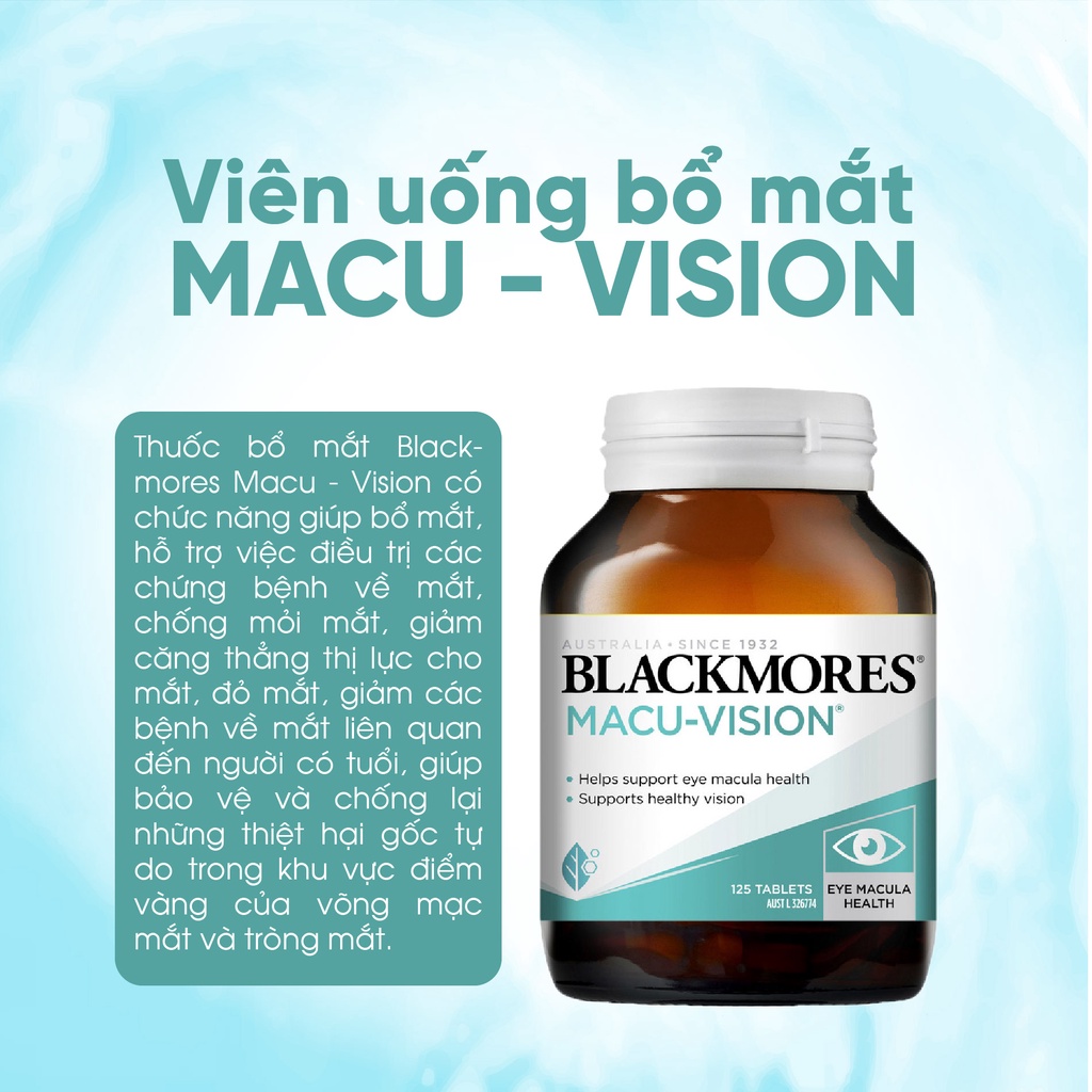 Bổ mắt tăng cường thị lực Blackmores Macu Vision chống lão hóa mắt của Úc 125 viên