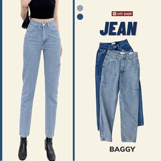 Quần jean nữ baggy VM Shop, quần bò xanh lưng cao rách hai bên  (không co giãn) N112 QJB00012