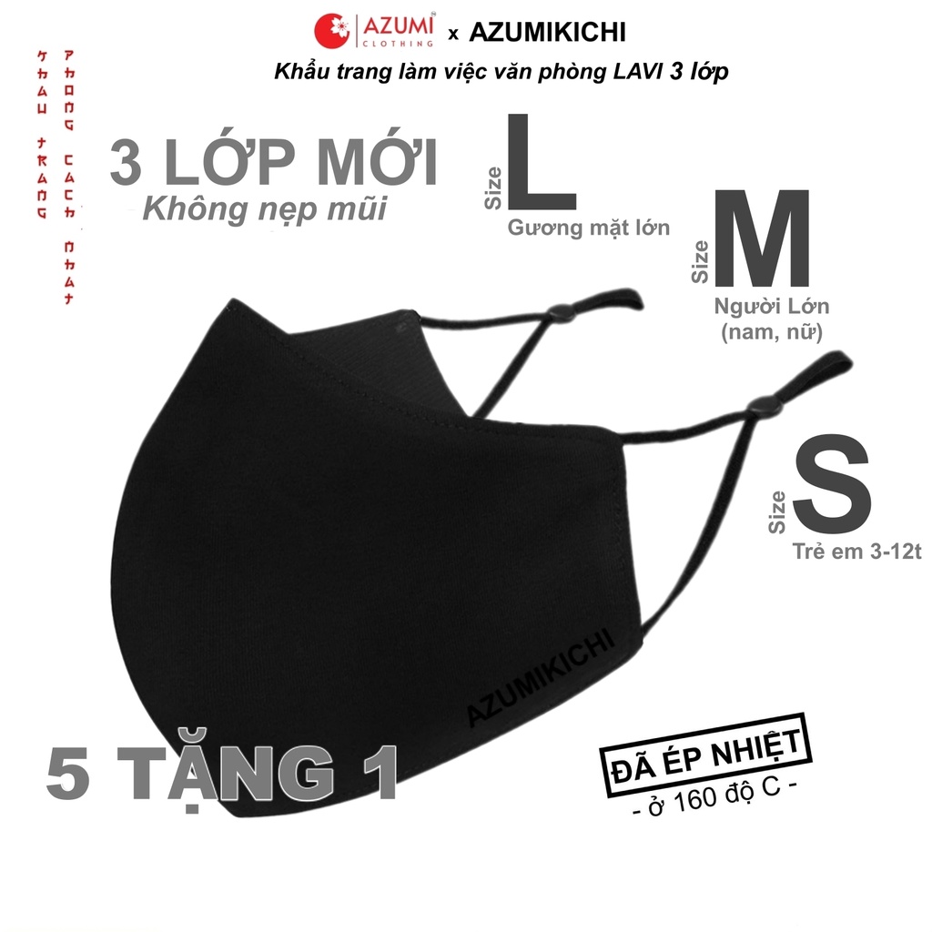 Khẩu trang vải cotton 5 tặng 1 màu đen Lavi 3 lớp không nẹp mũi Azumikichi có sẵn nút điều chỉnh dây đeo tiện lợi - E1