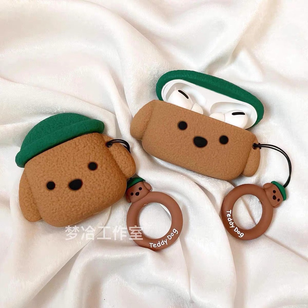Vỏ Bảo Vệ Hộp Sạc Tai Nghe Bluetooth AirPods 1 / 2 / Pro Gắn Móc Khóa Hình Chú Chó Teddy Màu Hồng Dễ Thương