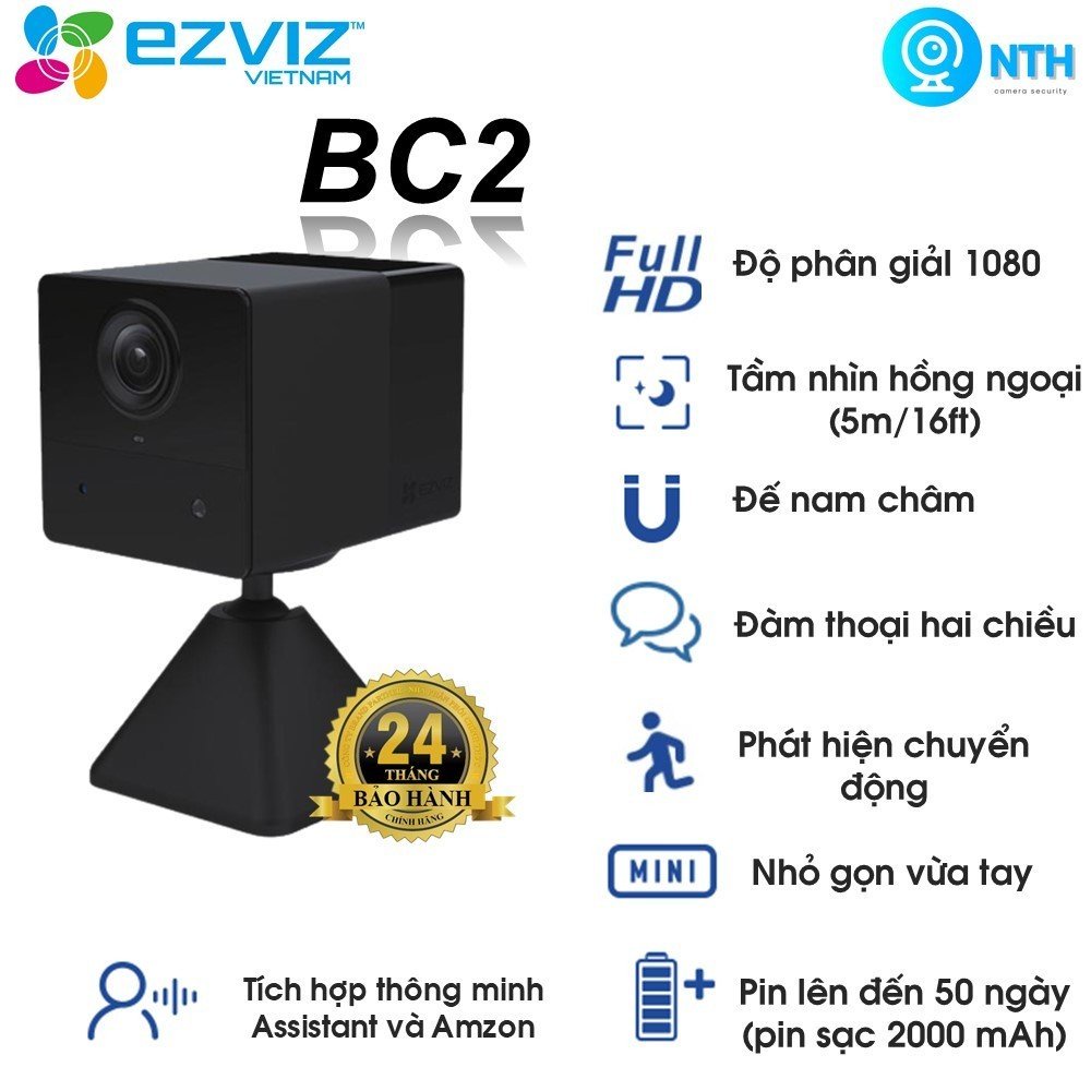 Camera Wifi EZVIZ BC2 2Mpx, Dùng Pin Sạc 2000 mAh, Camera Trong Nhà, Đàm Thoại 2 Chiều, Bảo Hành 24 