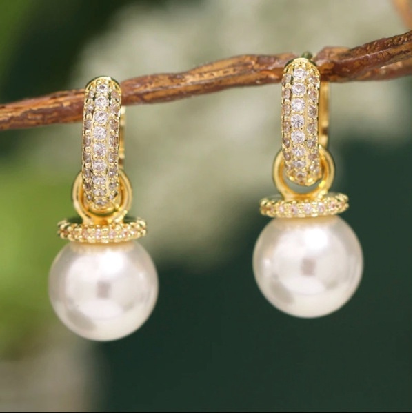 Bông tai nữ chuôi bạc 925 Suri Accessories tòn teng khoen tròn đính đá phối 1 hạt trai cao cấp phụ kiện trang sức đẹp