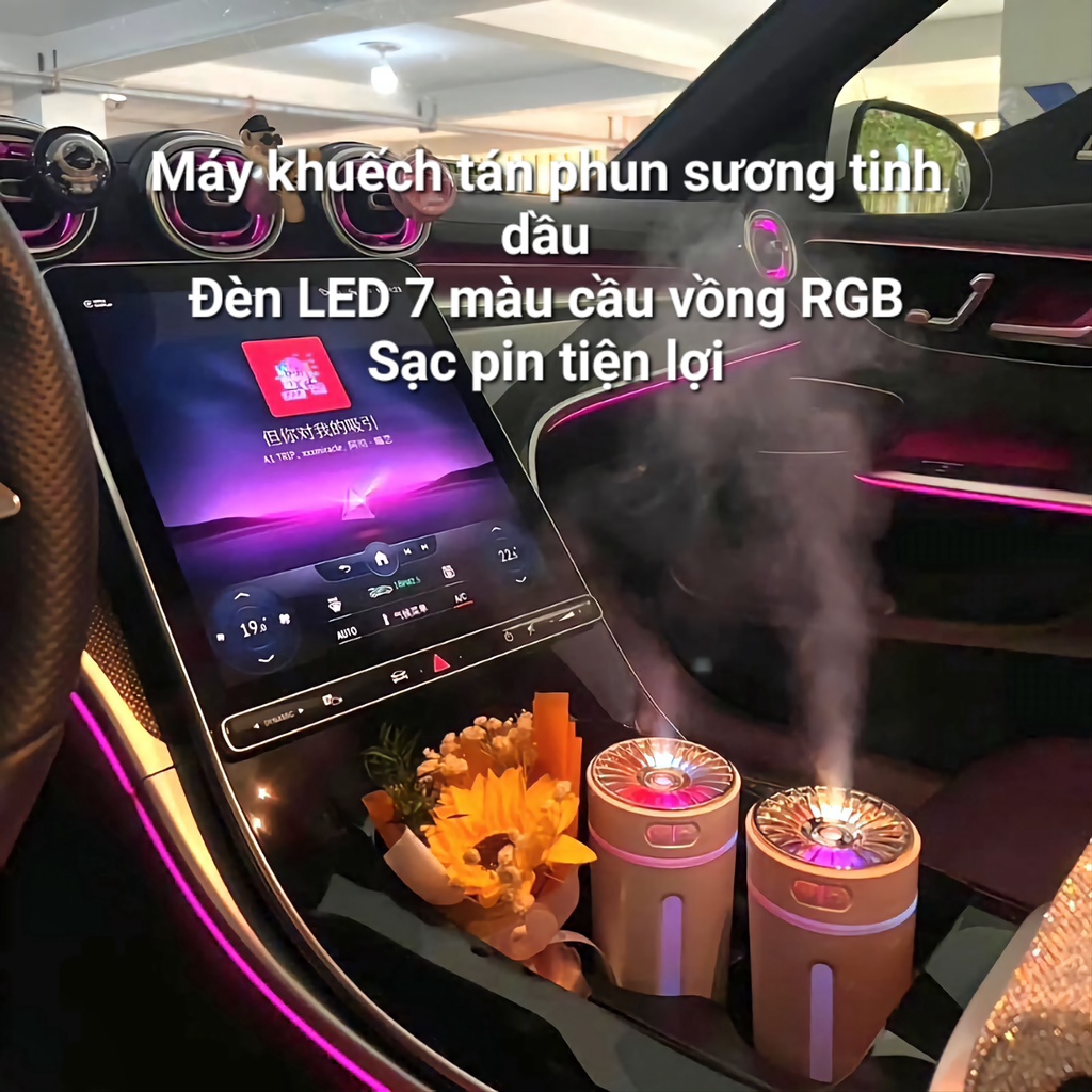 Máy khuếch tán phun sương tinh dầu Ô tô AROMA Mới  khử mùi | máy xông tinh dầu ô tô, bàn làm việc. LED 7 màu RG